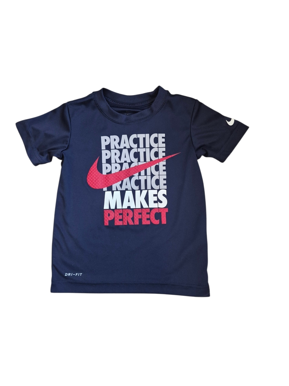 Nike Navy Short Sleeve Tee with Red Swoosh and White Text Block